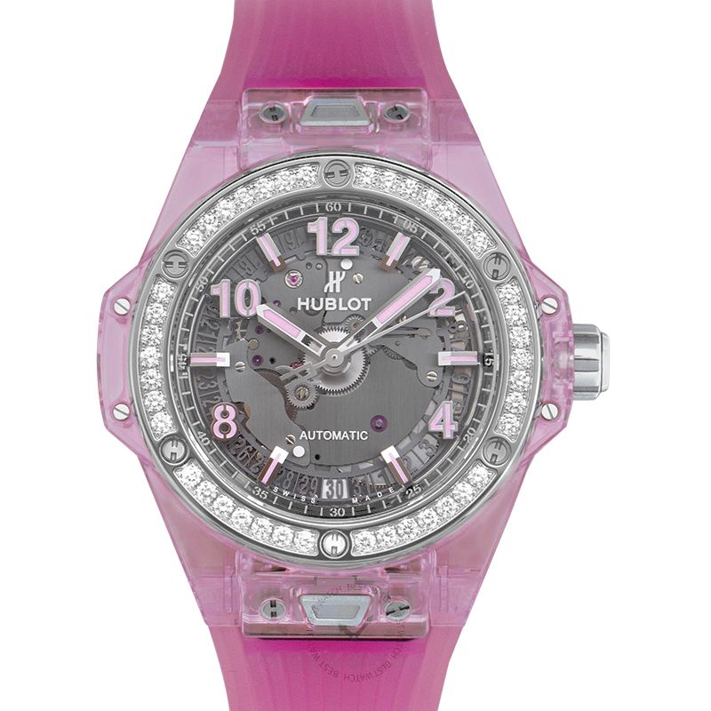 Big Bang One Click Pink Sapphire Diamonds Automatic Skeleton Dial Unisex Watch