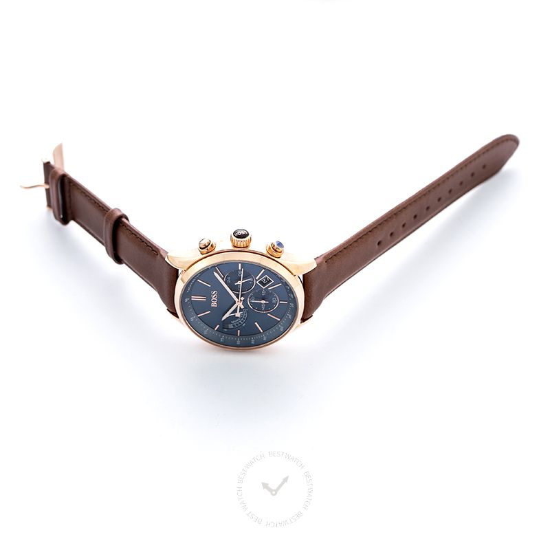 Hugo Boss Men's Blue Face Brown Leather Grand Prix Watch 44mm