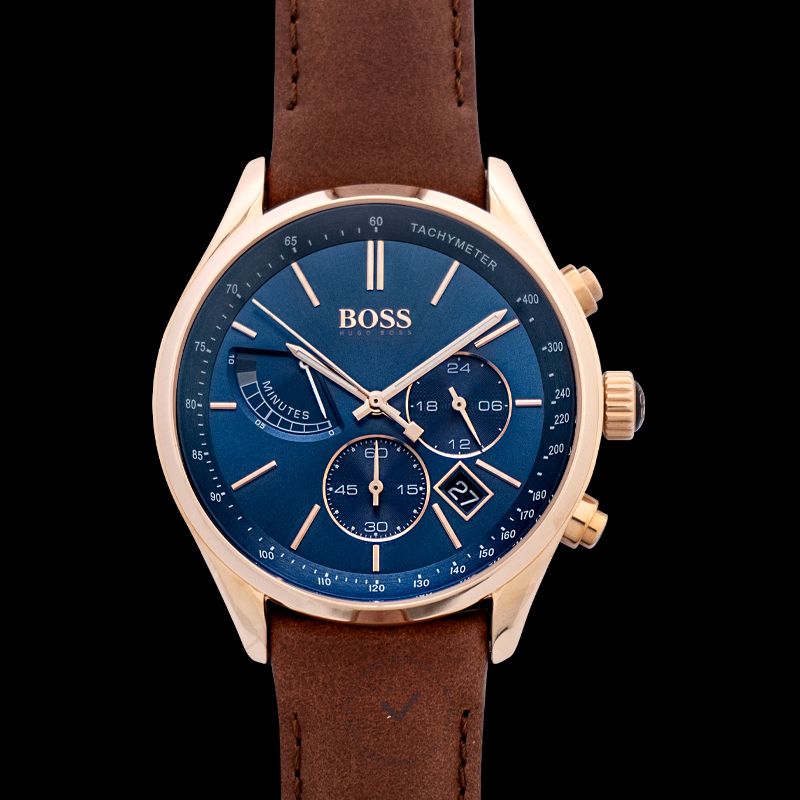 Hugo Boss Men's Blue Face Brown Leather Grand Prix Watch 44mm